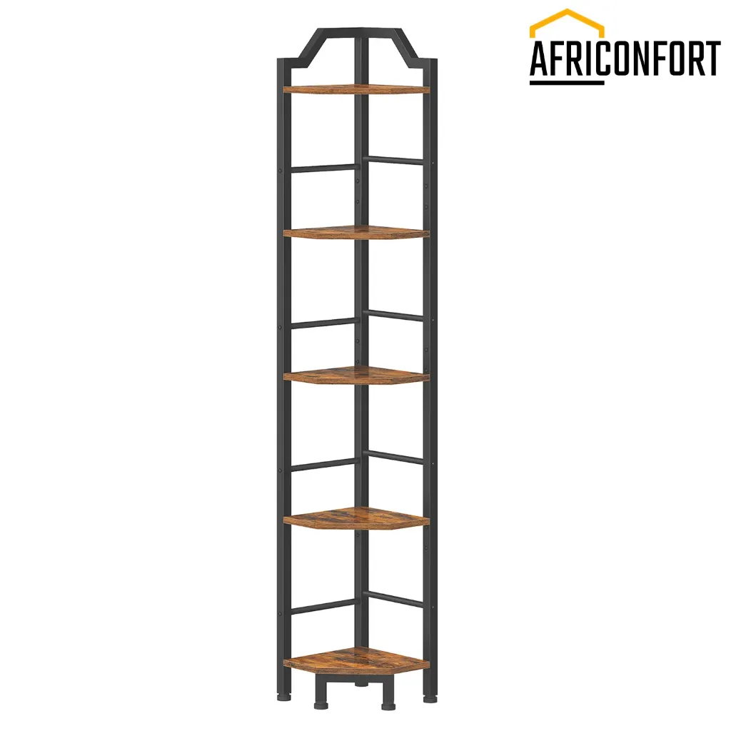 [BF100CJ01] Étagère d'angle, étagère d'angle à 5 niveaux, présentoir sur pied, bibliothèque d'angle, pour salon, chambre, bureau, cuisine, marron rustique et noir: 26*26*160cm