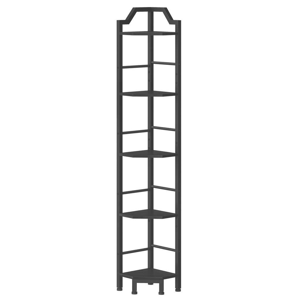 [BF100CJ01] Étagère d'angle, étagère d'angle à 5 niveaux, présentoir sur pied, bibliothèque d'angle, pour salon, chambre, bureau, cuisine, marron rustique et noir: 26x26x160cm