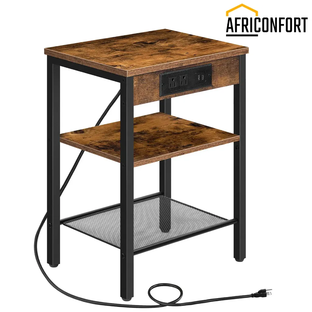 Table d'appoint avec station de charge et port USB, petite table de chevet pour petits espaces, table de nuit à 3 niveaux avec étagère réglable, pour salon, chambre, marron rustique: 38*28*55cm