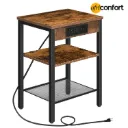 Table d'appoint avec station de charge et port USB, petite table de chevet pour petits espaces, table de nuit à 3 niveaux avec étagère réglable, pour salon, chambre, marron rustique: 38*28*55cm