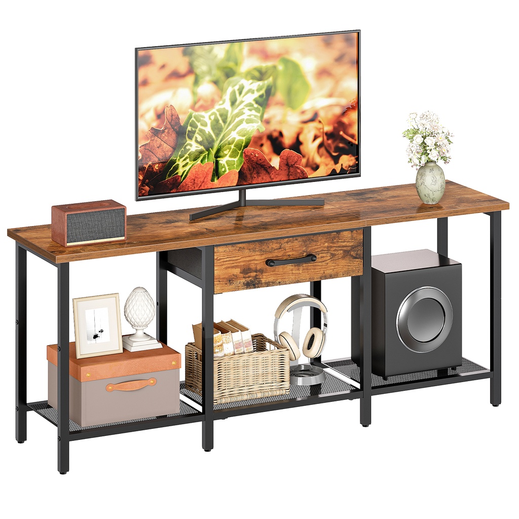 Meuble TV pour téléviseurs jusqu'à 55 pouces, centre multimédia avec tiroir en tissu et étagères ouvertes, style industriel, console TV avec rangement, pour salon ou chambre, marron rustique: 11,8 po P x 47,2 po L x 19,8 po H