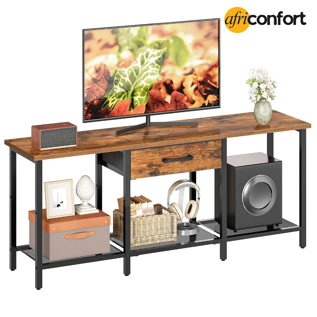 [BF125DS01] Meuble TV pour téléviseurs jusqu'à 55 pouces, centre multimédia avec tiroir en tissu et étagères ouvertes, style industriel, console TV avec rangement, pour salon ou chambre, marron rustique: