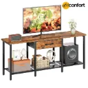 Meuble TV pour téléviseurs jusqu'à 55 pouces, centre multimédia avec tiroir en tissu et étagères ouvertes, style industriel, console TV avec rangement, pour salon ou chambre, marron rustique: