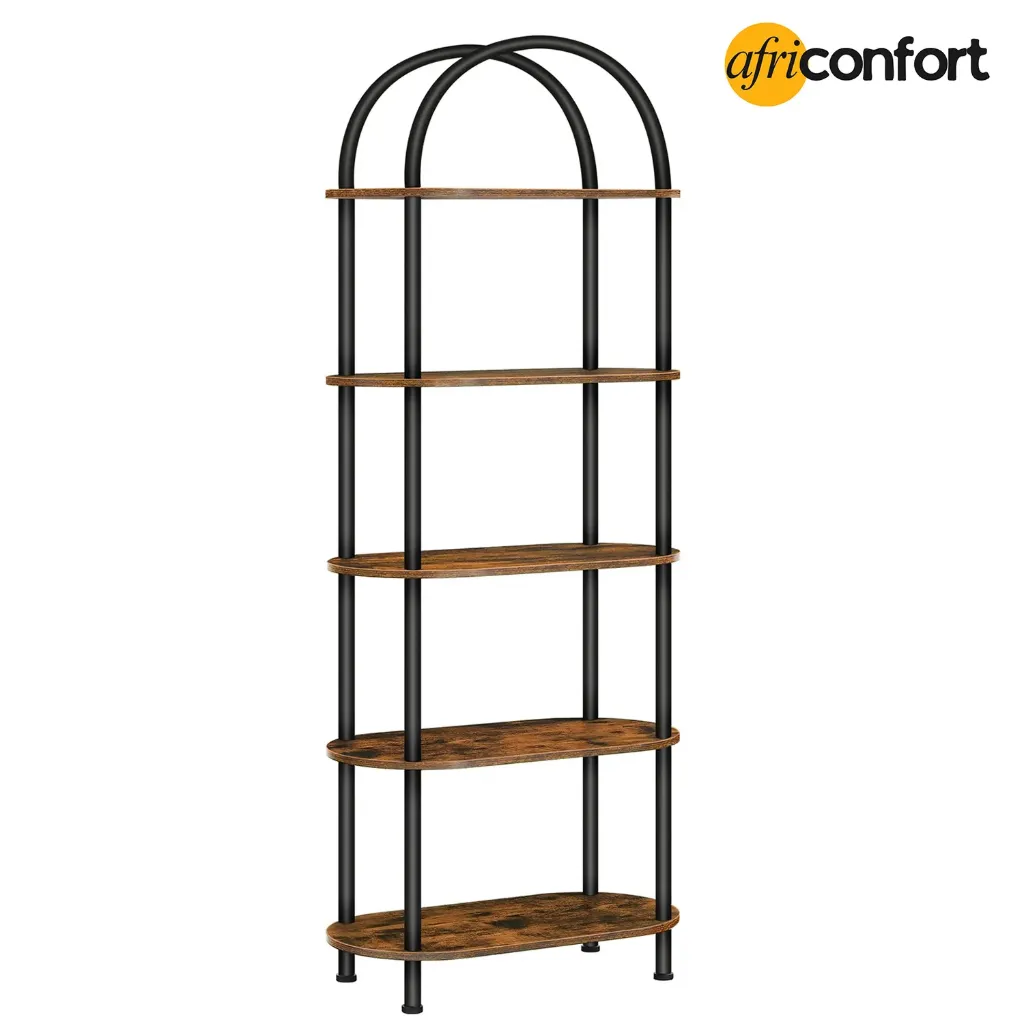 [BF176SJ01] Étagère ouverte à 5 niveaux, bibliothèque industrielle cintrée, étagère de rangement en bois avec structure métallique, meuble de rangement haut pour la maison, montage facile, marron rustique: 43*30*176cm
