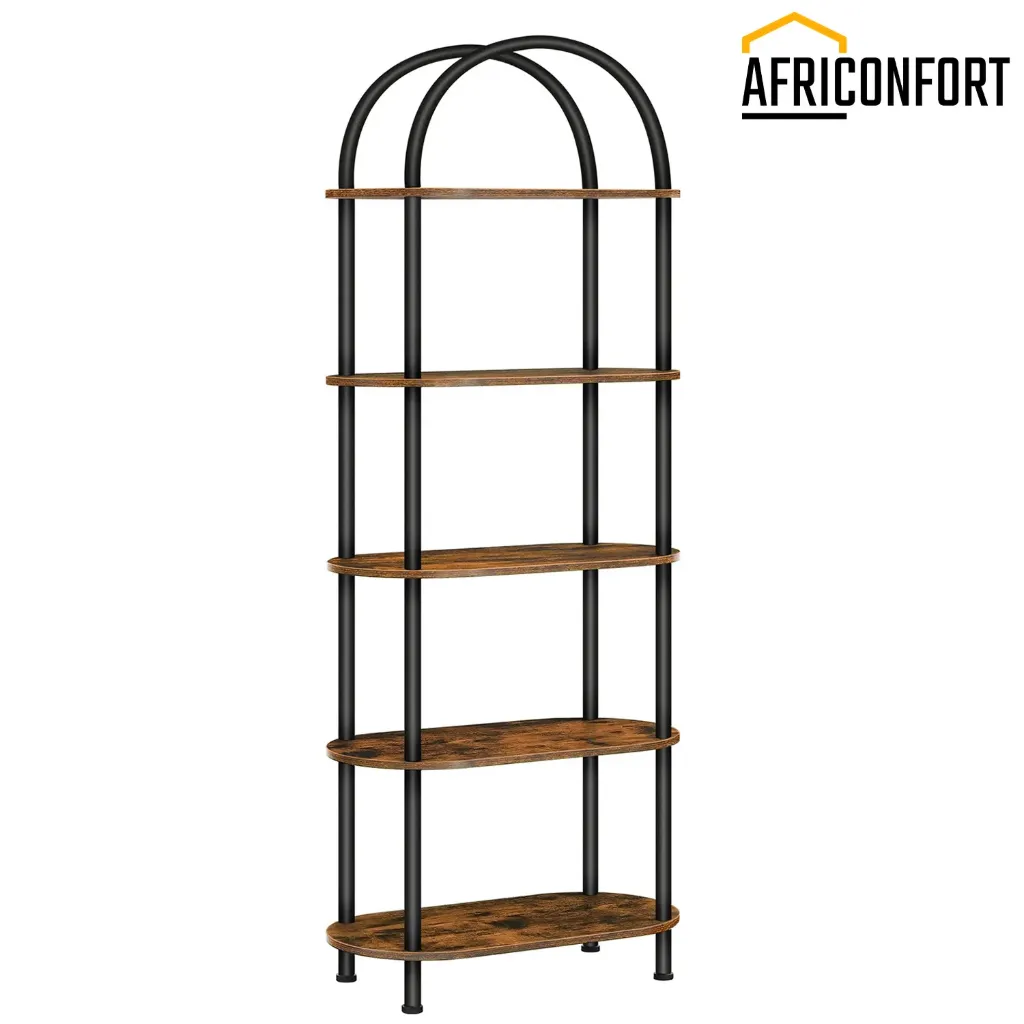 [BF176SJ01] Étagère ouverte à 5 niveaux, bibliothèque industrielle cintrée, étagère de rangement en bois avec structure métallique, meuble de rangement haut pour la maison, montage facile, marron rustique: 43*30*176cm