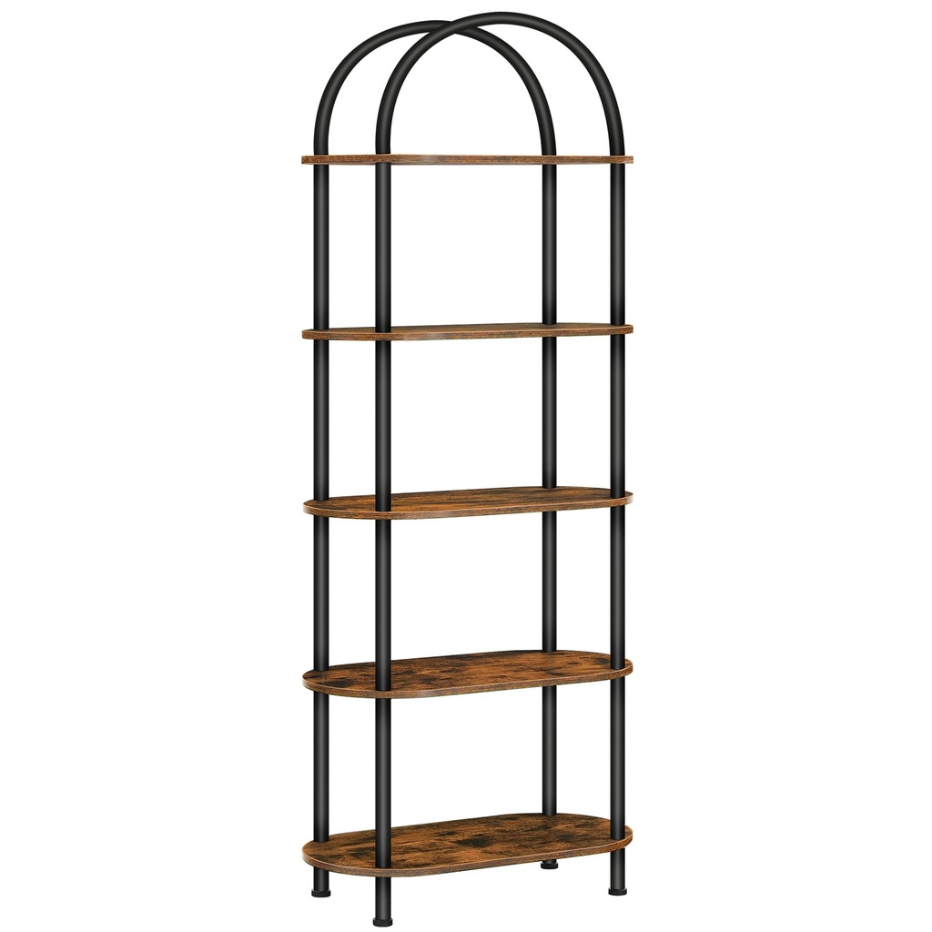Étagère ouverte à 5 niveaux, bibliothèque industrielle cintrée, étagère de rangement en bois avec structure métallique, meuble de rangement haut pour la maison, montage facile, marron rustique:  60x30x176cm