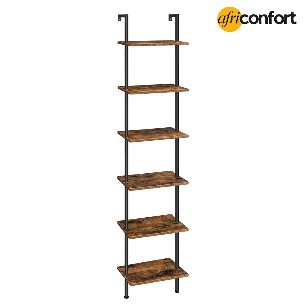 [BF651CJ01] Étagère Échelle, Étagère Murale en Bois d’ingénierie à 6 Niveaux, Bibliothèque Étroite, Présentoir, Étagère de Rangement, Support pour Plantes, pour Salon, Bureau, Marron Rustique: 39*24*200,5cm