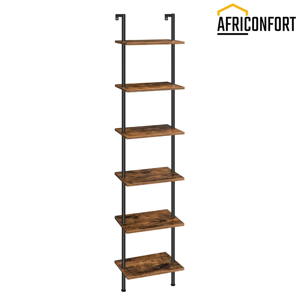 [BF651CJ01] Étagère Échelle, Étagère Murale en Bois d’ingénierie à 6 Niveaux, Bibliothèque Étroite, Présentoir, Étagère de Rangement, Support pour Plantes, pour Salon, Bureau, Marron Rustique: 39*24*200,5cm