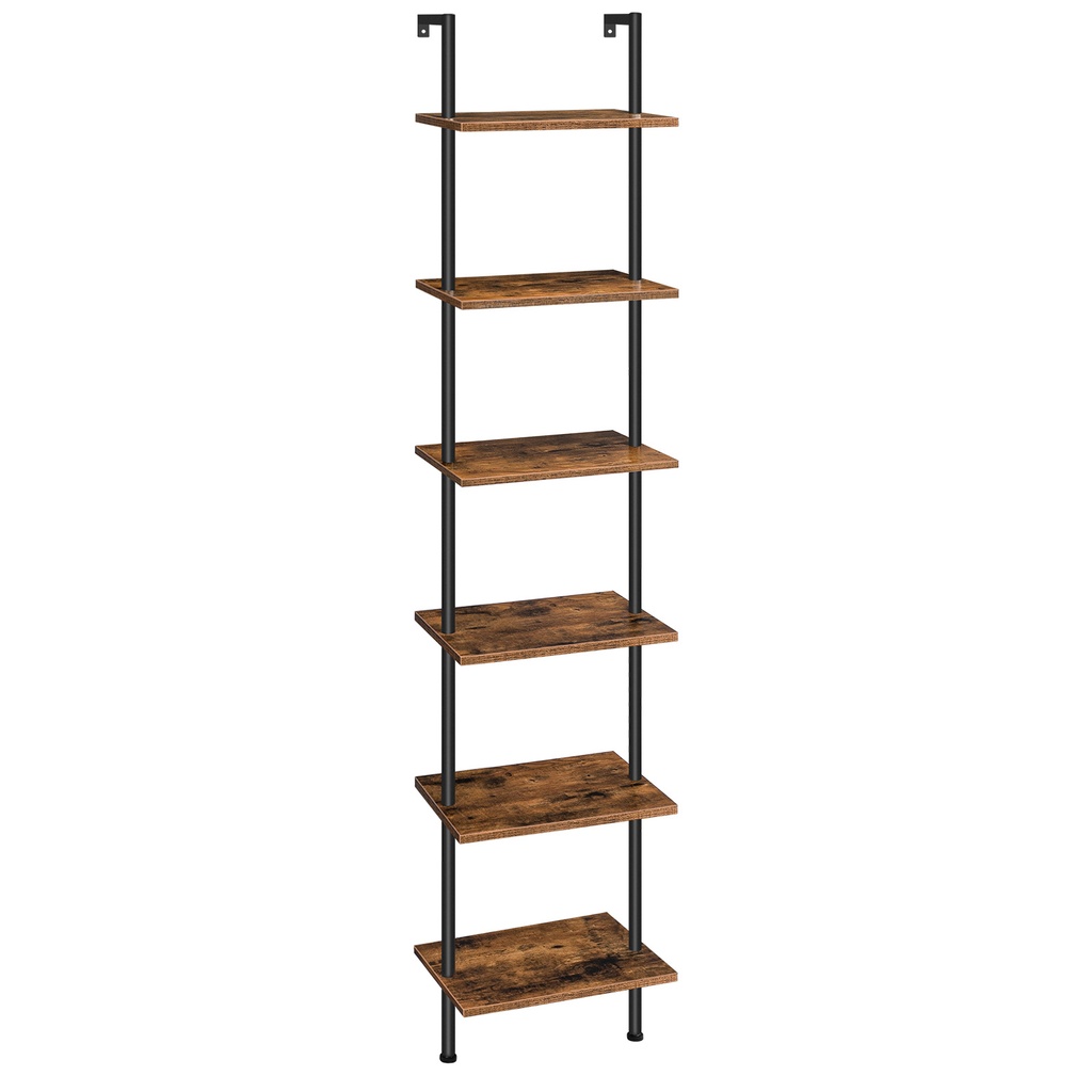 [BF651CJ01] Étagère Échelle, Étagère Murale en Bois d’ingénierie à 6 Niveaux, Bibliothèque Étroite, Présentoir, Étagère de Rangement, Support pour Plantes, pour Salon, Bureau, Marron Rustique: 39x24x200,5cm