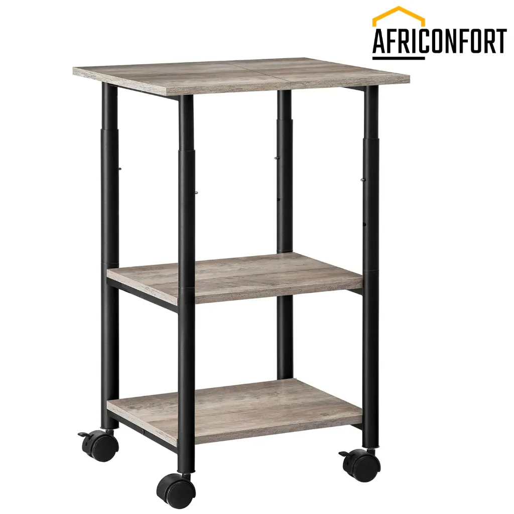 Support d'imprimante, chariot industriel à 3 niveaux avec étagère, support de rangement mobile et robuste sur roulettes pour la maison et le bureau, gris et noir: 48,5*40*76cm