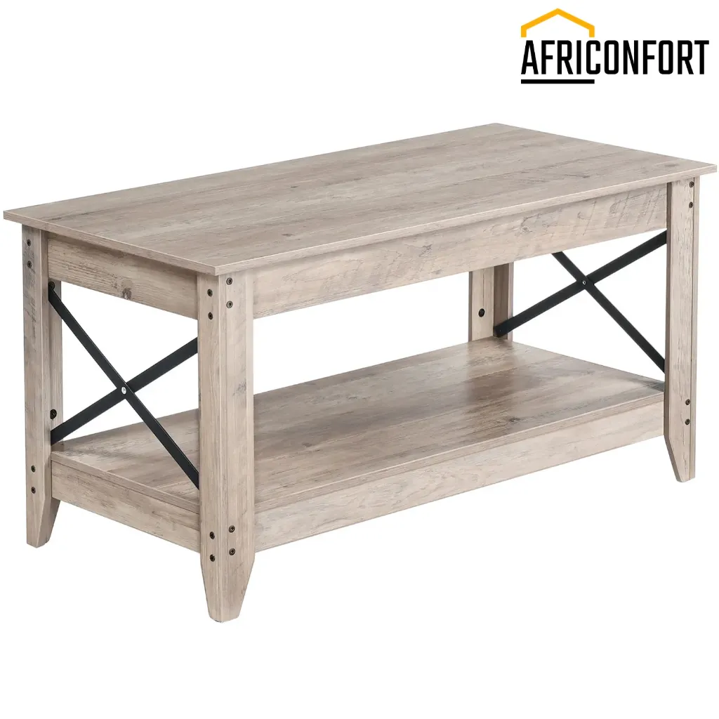 [BG10KF01] Table basse de style campagnard pour salon, table centrale à deux niveaux avec étagère de rangement, structure métallique latérale en forme de X, montage facile, idéale pour appartement ou salle de réception, grise: 100*50*50cm