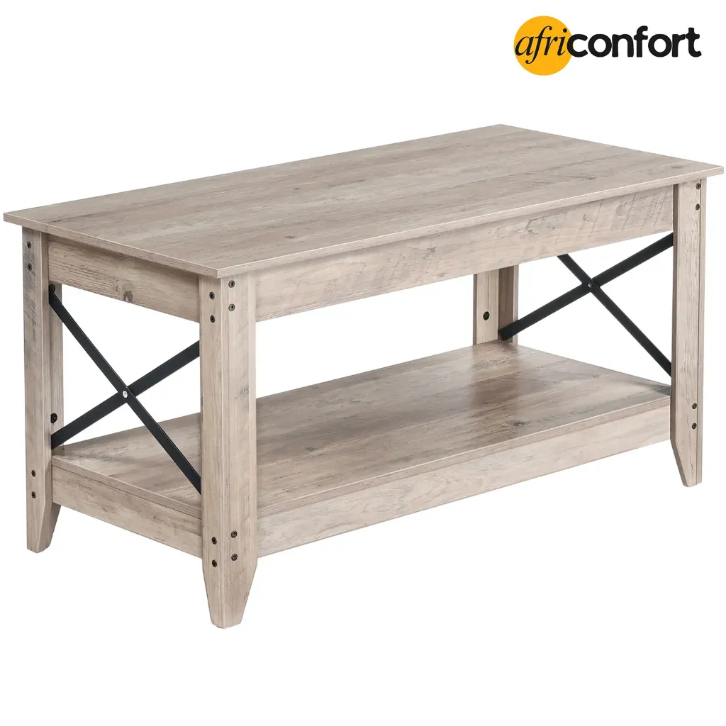 [BG10KF01] Table basse de style campagnard pour salon, table centrale à deux niveaux avec étagère de rangement, structure métallique latérale en forme de X, montage facile, idéale pour appartement ou salle de réception, grise: 100*50*50cm