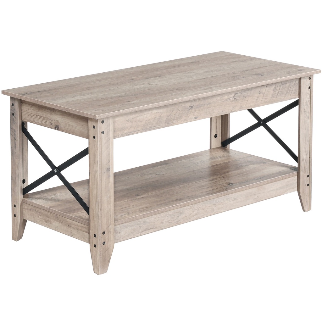 [BG10KF01] Table basse de style campagnard pour salon, table centrale à deux niveaux avec étagère de rangement, structure métallique latérale en forme de X, montage facile, idéale pour appartement ou salle de réception, grise: 100x50x50cm