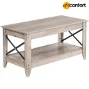 Table basse de style campagnard pour salon, table centrale à deux niveaux avec étagère de rangement, structure métallique latérale en forme de X, montage facile, idéale pour appartement ou salle de réception, grise: 100*50*50cm