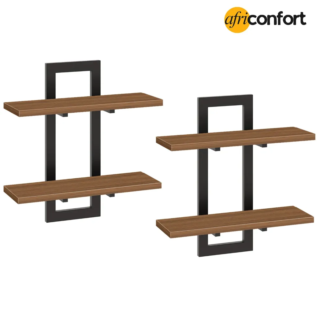 Lot de deux étagères Flottantes, Étagères Murales de 38 cm, Lot de 2, Étagères Murales à 2 Niveaux, Étagères Suspendues pour Salon, Chambre, Salle de Bain, Cuisine, Marron Rustique: 40*38*13.5cm