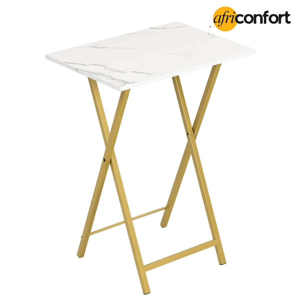 [DM25BZ01] Tables d'appoint pliantes pour téléviseur, lot de 2, idéales pour les petits espaces. Tables d'appoint industrielles pour manger sur le canapé. Structure métallique stable, montage facile, gain de place, finition marbre et or