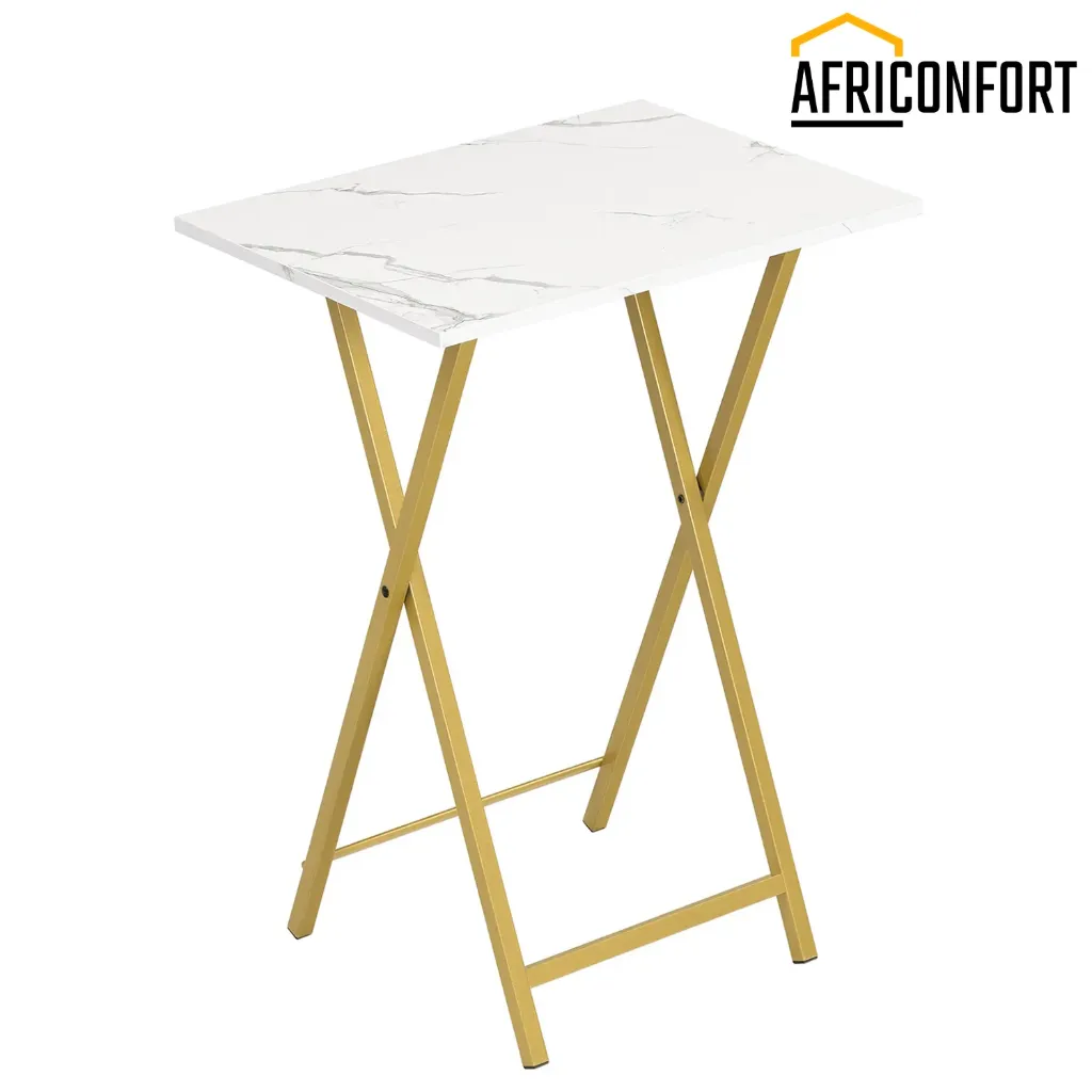 [DM25BZ01] Tables d'appoint pliantes pour téléviseur, lot de 2, idéales pour les petits espaces. Tables d'appoint industrielles pour manger sur le canapé. Structure métallique stable, montage facile, gain de place, finition marbre et or