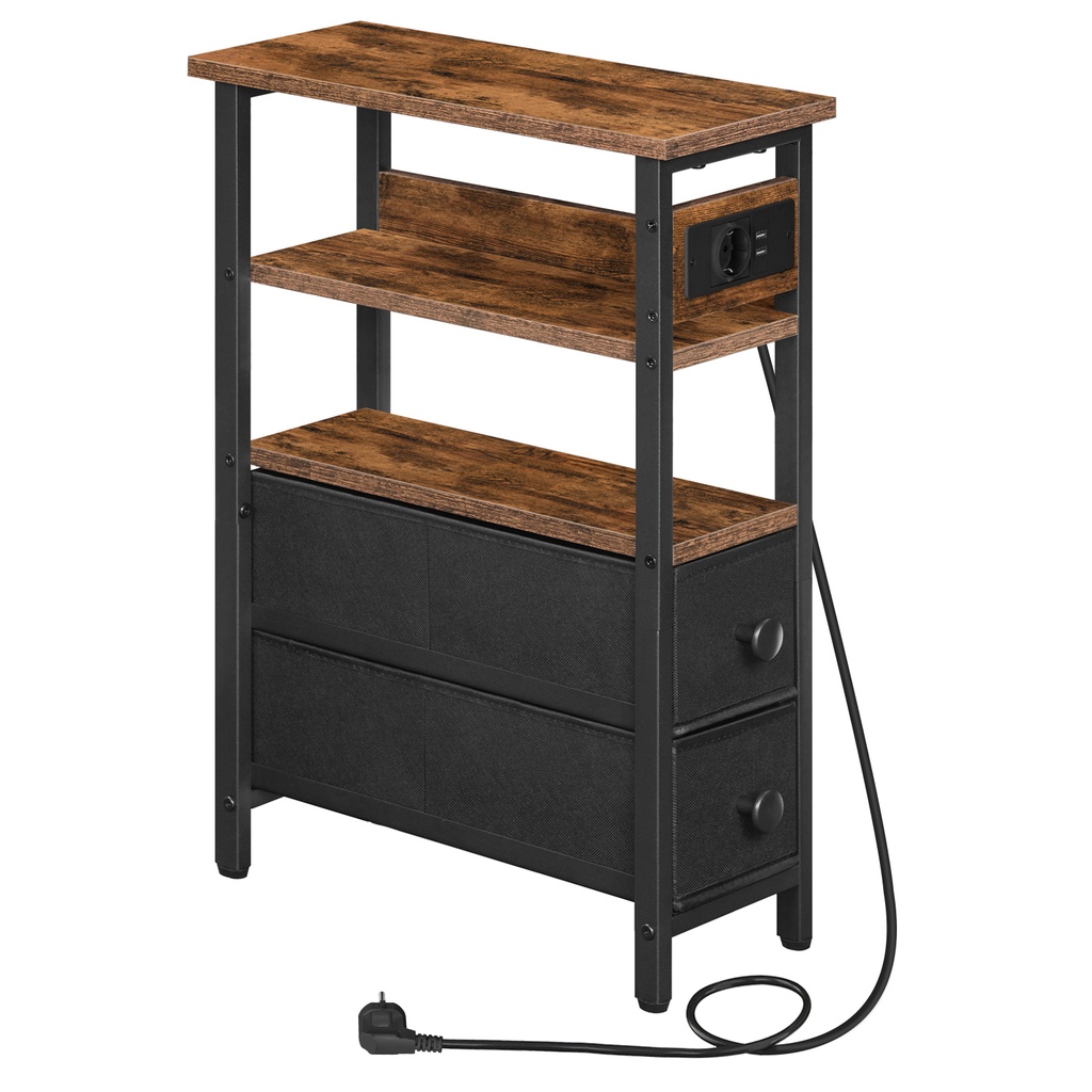 Table d'appoint avec station de charge intégrée, table d'appoint étroite avec 2 tiroirs en tissu non tissé, ports USB et prise de courant, table de chevet fine pour petits espaces, marron rustique et noir: 40*18*60cm