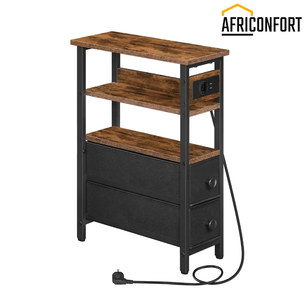[EBF132KBZ01] Table d'appoint avec station de charge intégrée, table d'appoint étroite avec 2 tiroirs en tissu non tissé, ports USB et prise de courant, table de chevet fine pour petits espaces, marron rustique et noir: 40*18*60cm