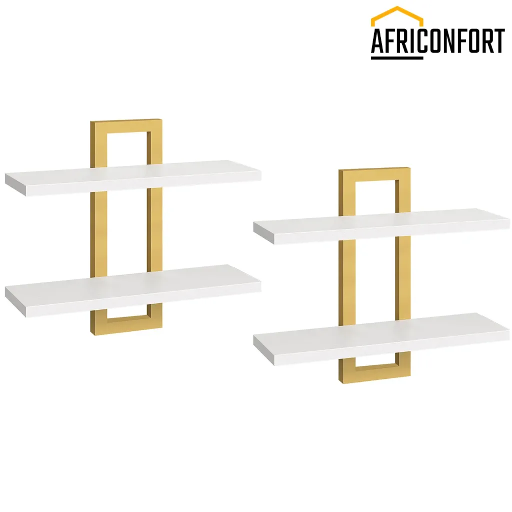 Lot de deux étagères flottantes, lot de 2 étagères murales de 38 cm (15 pouces), étagères de rangement murales à 2 niveaux, étagères suspendues pour salle de bain, salon, chambre, salle de bain, cuisine, blanc et or: 40*38*13.5cm