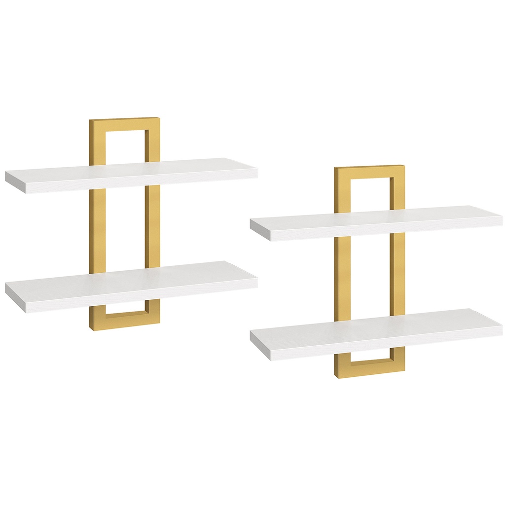 Lot de deux étagères flottantes, lot de 2 étagères murales de 38 cm (15 pouces), étagères de rangement murales à 2 niveaux, étagères suspendues pour salle de bain, salon, chambre, salle de bain, cuisine, blanc et or: 40x38x14cm