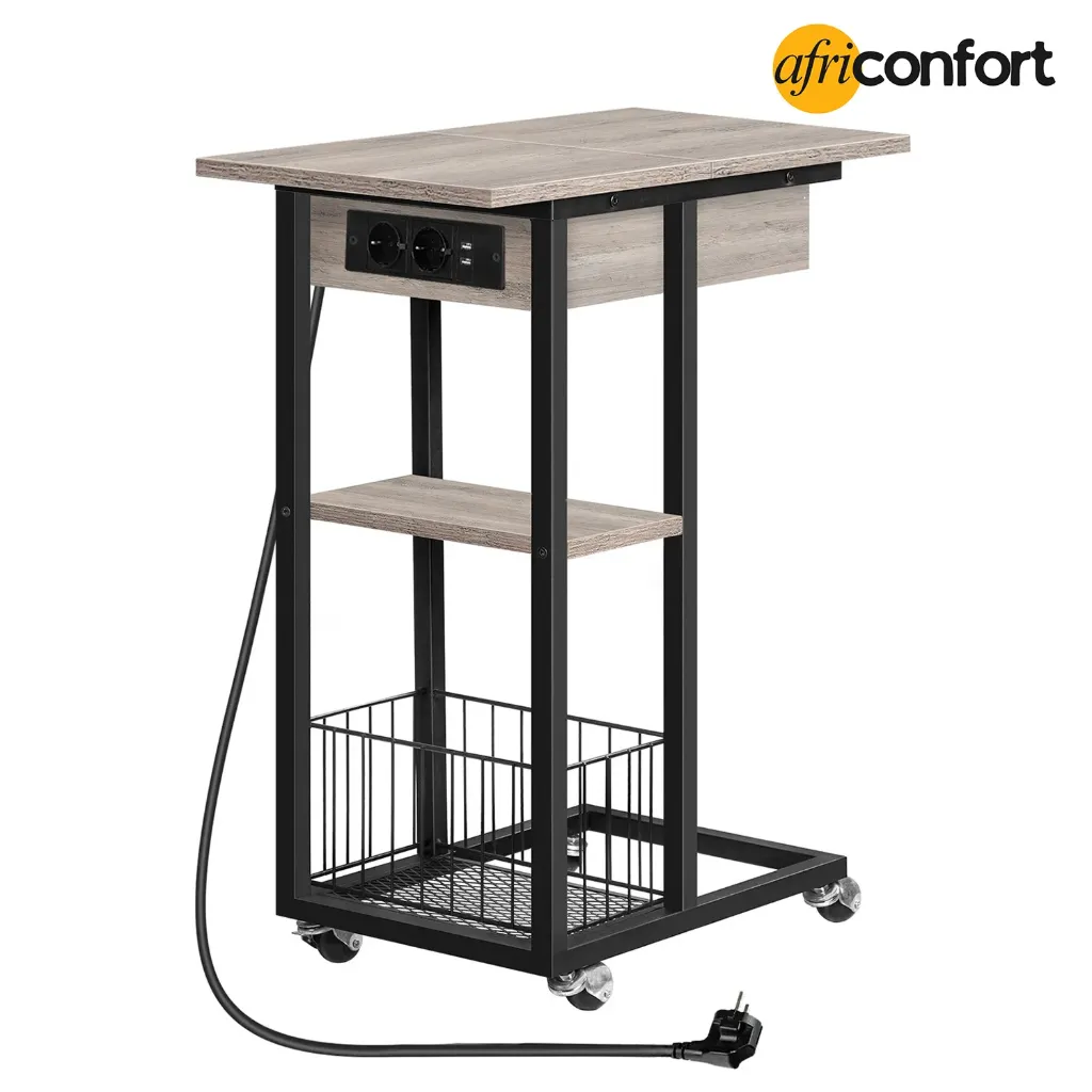 [EBG022SF01] Table d'appoint avec Station de Charge, Table Basse en Forme de C, Table Basse avec roulettes et Plateau de Rangement, Table de Chevet pour Salon, Chambre à Coucher, Noir: 60*30*73cm
