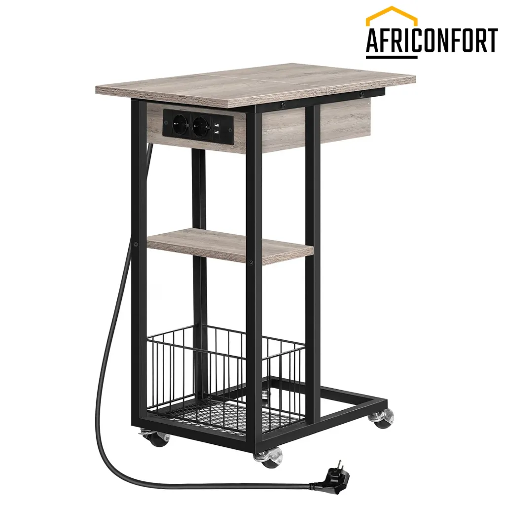 [EBG022SF01] Table d'appoint avec Station de Charge, Table Basse en Forme de C, Table Basse avec roulettes et Plateau de Rangement, Table de Chevet pour Salon, Chambre à Coucher, Noir: 60*30*73cm