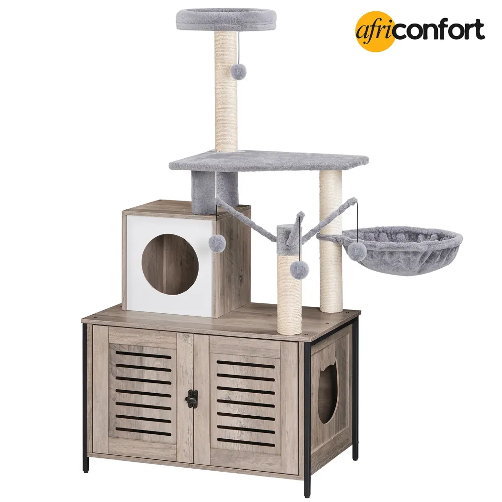 [HC-CT101G] Arbre à chat avec bac à litière intégré pour chats d'intérieur, condo en bois avec poteaux à griffer, meuble pour chat avec bac à litière dissimulé, jouet tout-en-un avec maison pour chat,Tour en Bois, Bâton Taquin à Pompon Amovible, Piliers en Sisal, Gris: 70*45*142cm
