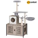 Arbre à chat avec bac à litière intégré pour chats d'intérieur, condo en bois avec poteaux à griffer, meuble pour chat avec bac à litière dissimulé, jouet tout-en-un avec maison pour chat,Tour en Bois, Bâton Taquin à Pompon Amovible, Piliers en Sisal, Gris: 70*45*142cm