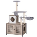 Arbre à chat avec bac à litière intégré pour chats d'intérieur, condo en bois avec poteaux à griffer, meuble pour chat avec bac à litière dissimulé, jouet tout-en-un avec maison pour chat,Tour en Bois, Bâton Taquin à Pompon Amovible, Piliers en Sisal, Gris: 70x45x142cm