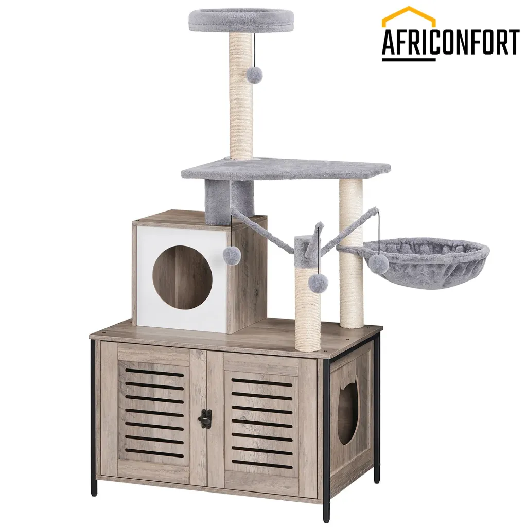 Arbre à chat avec bac à litière intégré pour chats d'intérieur, condo en bois avec poteaux à griffer, meuble pour chat avec bac à litière dissimulé, jouet tout-en-un avec maison pour chat,Tour en Bois, Bâton Taquin à Pompon Amovible, Piliers en Sisal, Gris: 70*45*142cm