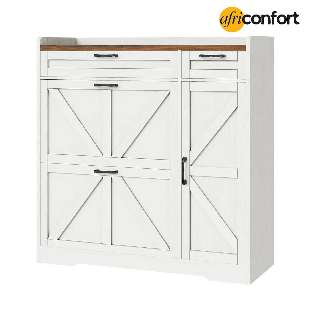 [WH106SC01G1] Meuble à chaussures pour entrée, meuble de rangement pour chaussures, meuble à chaussures autoportant avec 2 tiroirs rabattables, meuble à chaussures étroit avec armoire latérale réglable, style campagnard, blanc et noyer: 111.5*25*106cm