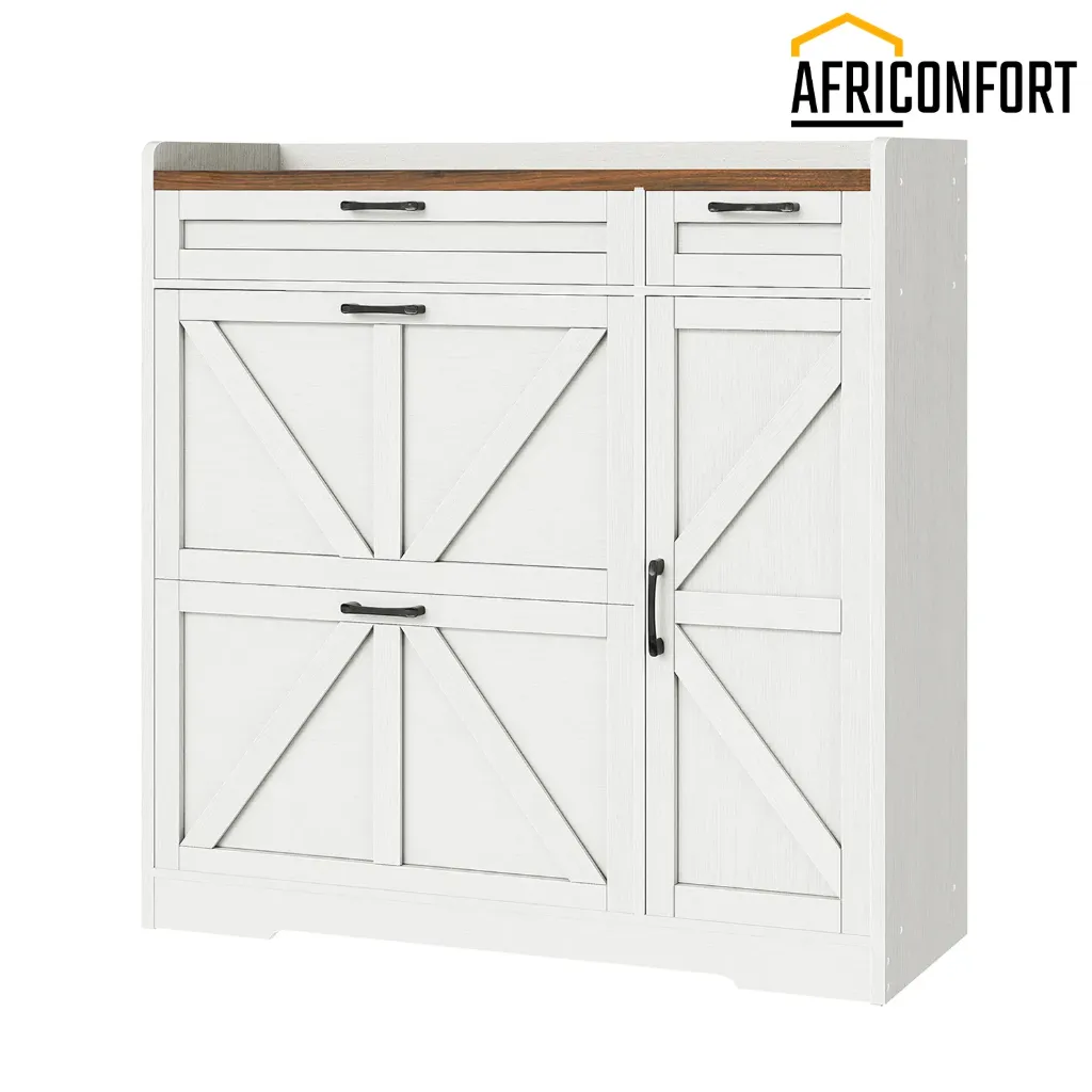 [WH106SC01G1] Meuble à chaussures pour entrée, meuble de rangement pour chaussures, meuble à chaussures autoportant avec 2 tiroirs rabattables, meuble à chaussures étroit avec armoire latérale réglable, style campagnard, blanc et noyer: 111.5*25*106cm