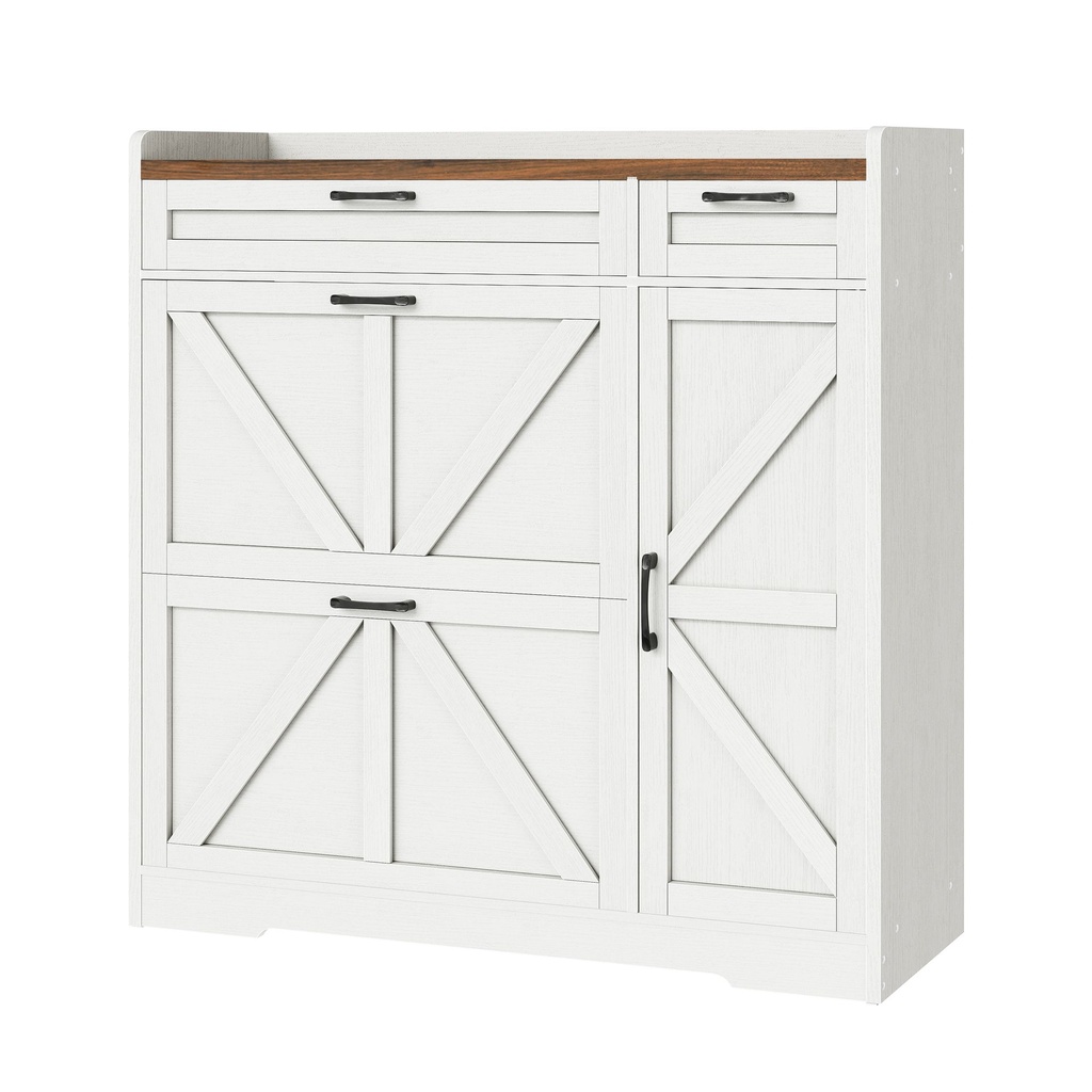 Meuble à chaussures pour entrée, meuble de rangement pour chaussures, meuble à chaussures autoportant avec 2 tiroirs rabattables, meuble à chaussures étroit avec armoire latérale réglable, style campagnard, blanc et noyer: 112x25x106cm