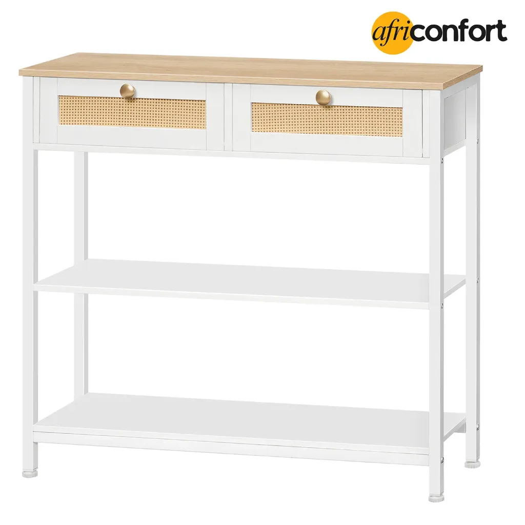 [WN02XG01] Table console en rotin blanc à 3 niveaux avec 2 tiroirs rabattables et étagères de rangement, espace de rangement ouvert et caché, décoration tissée, blanc et naturel: 38*18*41cm