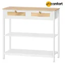 Table console en rotin blanc à 3 niveaux avec 2 tiroirs rabattables et étagères de rangement, espace de rangement ouvert et caché, décoration tissée, blanc et naturel: 38*18*41cm