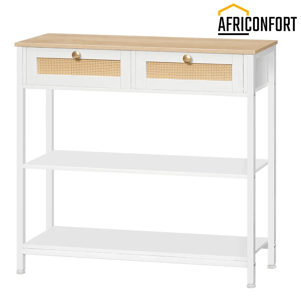 Table console en rotin blanc à 3 niveaux avec 2 tiroirs rabattables et étagères de rangement, espace de rangement ouvert et caché, décoration tissée, blanc et naturel: 38*18*41cm
