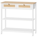 Table console en rotin blanc à 3 niveaux avec 2 tiroirs rabattables et étagères de rangement, espace de rangement ouvert et caché, décoration tissée, blanc et naturel: 80x25x75cm