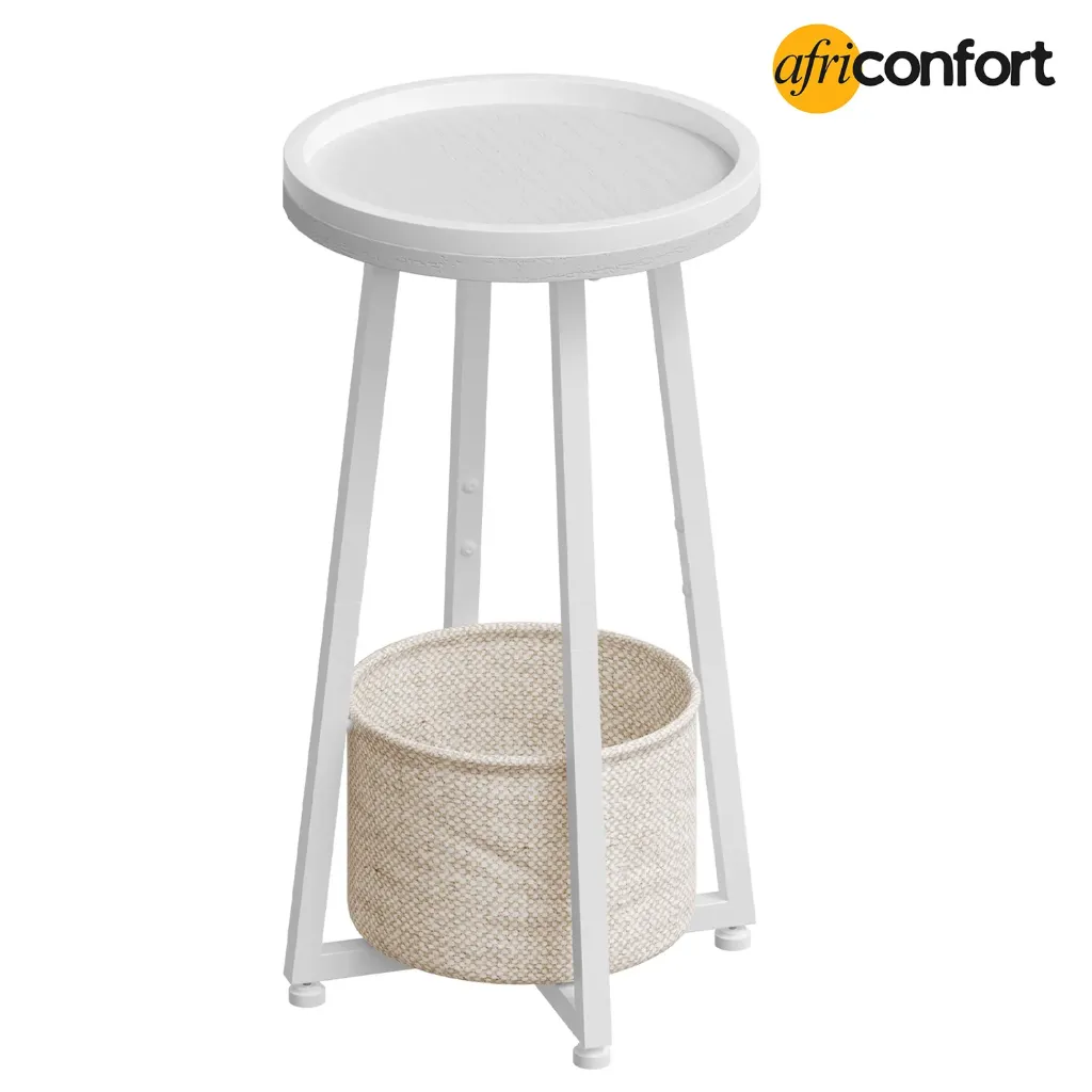 [WW183BZ01] Table d'appoint ronde à deux niveaux, idéale pour les petits espaces (salon, chambre, dortoir), blanche: 35*35*60cm