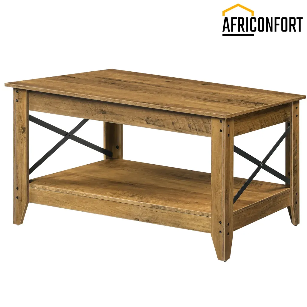 Table basse de style campagnard pour salon, table centrale à deux niveaux avec étagère de rangement, structure métallique latérale en forme de X, montage facile, idéale pour appartement ou salle de réception, marron: 100*50*50cm