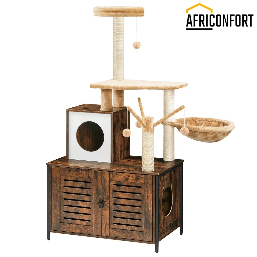 Arbre à chat avec bac à litière intégré pour chats d'intérieur, condo en bois avec poteaux à griffer, meuble pour chat avec bac à litière dissimulé, jouet tout-en-un avec maison pour chat,Tour en Bois, Bâton Taquin à Pompon Amovible, Piliers en Sisal, marron: 70*45*142cm