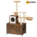 Arbre à chat avec bac à litière intégré pour chats d'intérieur, condo en bois avec poteaux à griffer, meuble pour chat avec bac à litière dissimulé, jouet tout-en-un avec maison pour chat,Tour en Bois, Bâton Taquin à Pompon Amovible, Piliers en Sisal, marron: 70*45*142cm