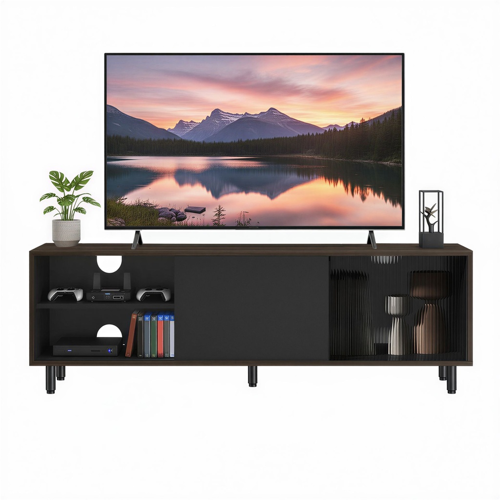 [LTV466K02V1] Meuble TV, Snapsemble Montage Super Rapide, Table Télé, Téléviseur jusqu’à 60 Pouces, Salon, Verre Cannelé, Moderne, 140 x 39 x 45 cm, Marron Cendré et Noir d'Encre