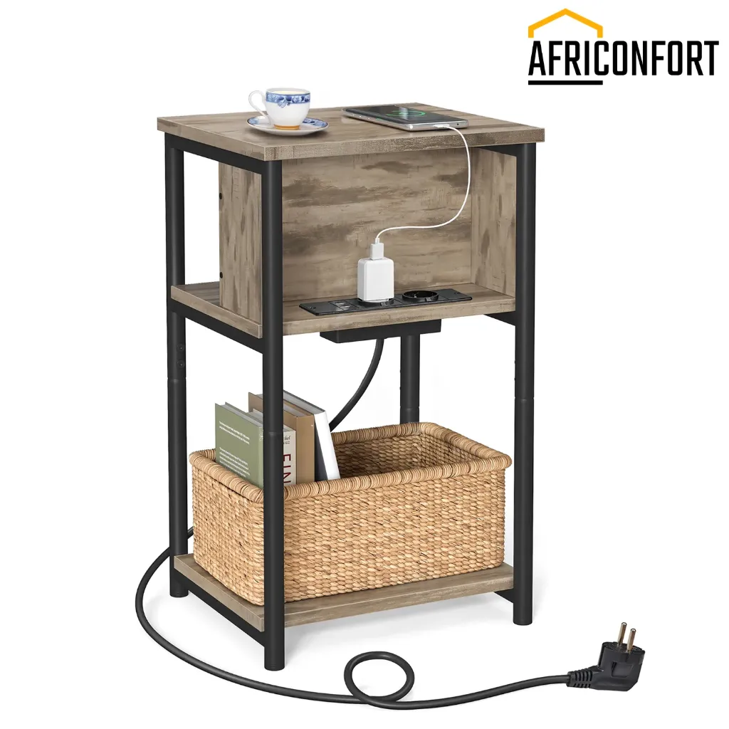 Table d'Appoint, Petite Table de Chevet avec Multiprise, Fin, 2 Prises CA, 2 Ports USB, 30 x 34 x 58 cm, pour Salon, Chambre, Marron Camel et Noir