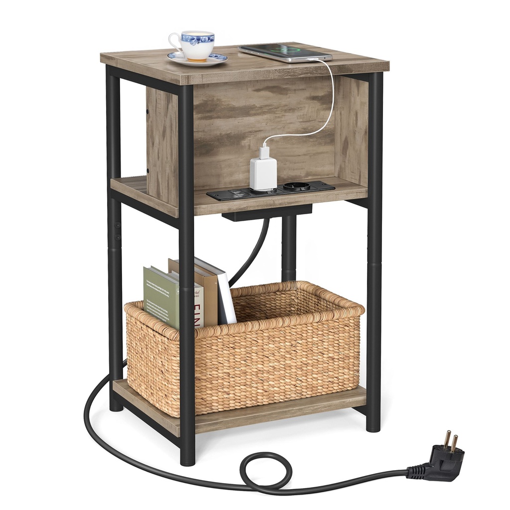 [LET375LB01] Table d'Appoint, Petite Table de Chevet avec Multiprise, Fin, 2 Prises CA, 2 Ports USB, pour Salon, Chambre, Marron Camel et Noir: 30 x 34 x 58 cm