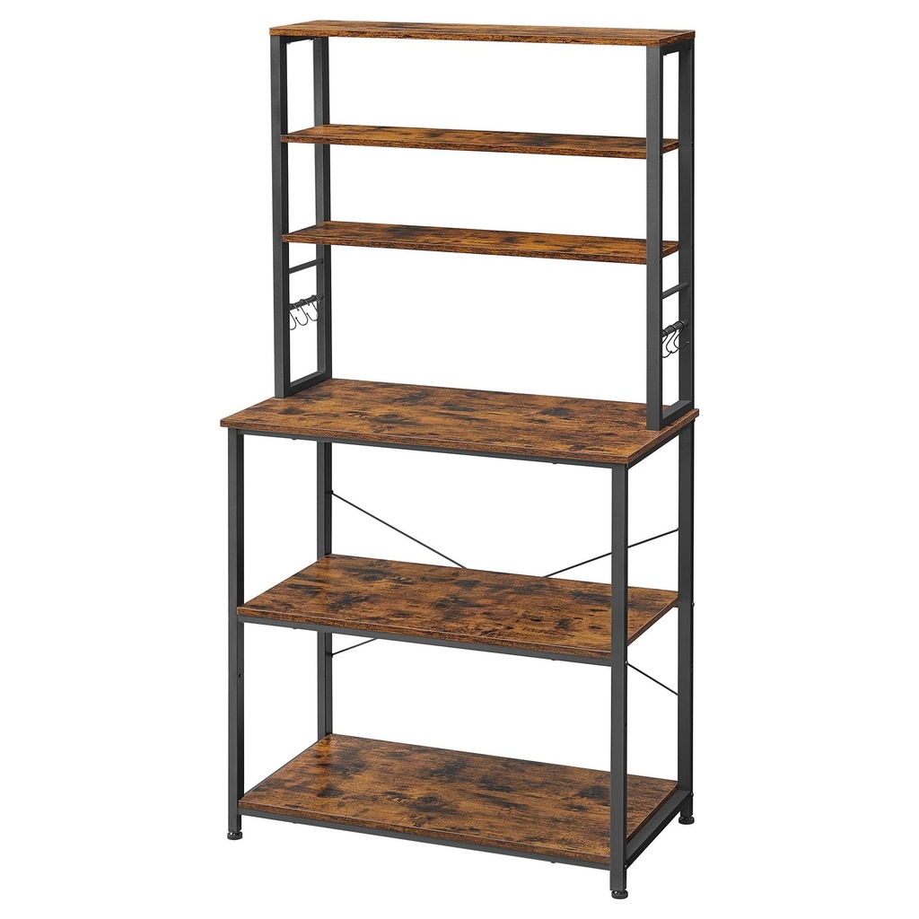 [KKS019B01] Étagère de Cuisine, Étagère pour Machine à Café, 6 Étagères et 6 Crochets, pour Four à Micro-Ondes, Cadre en Acier, Style Industriel, 40 x 80 x 167 cm, Marron Rustique et Noir