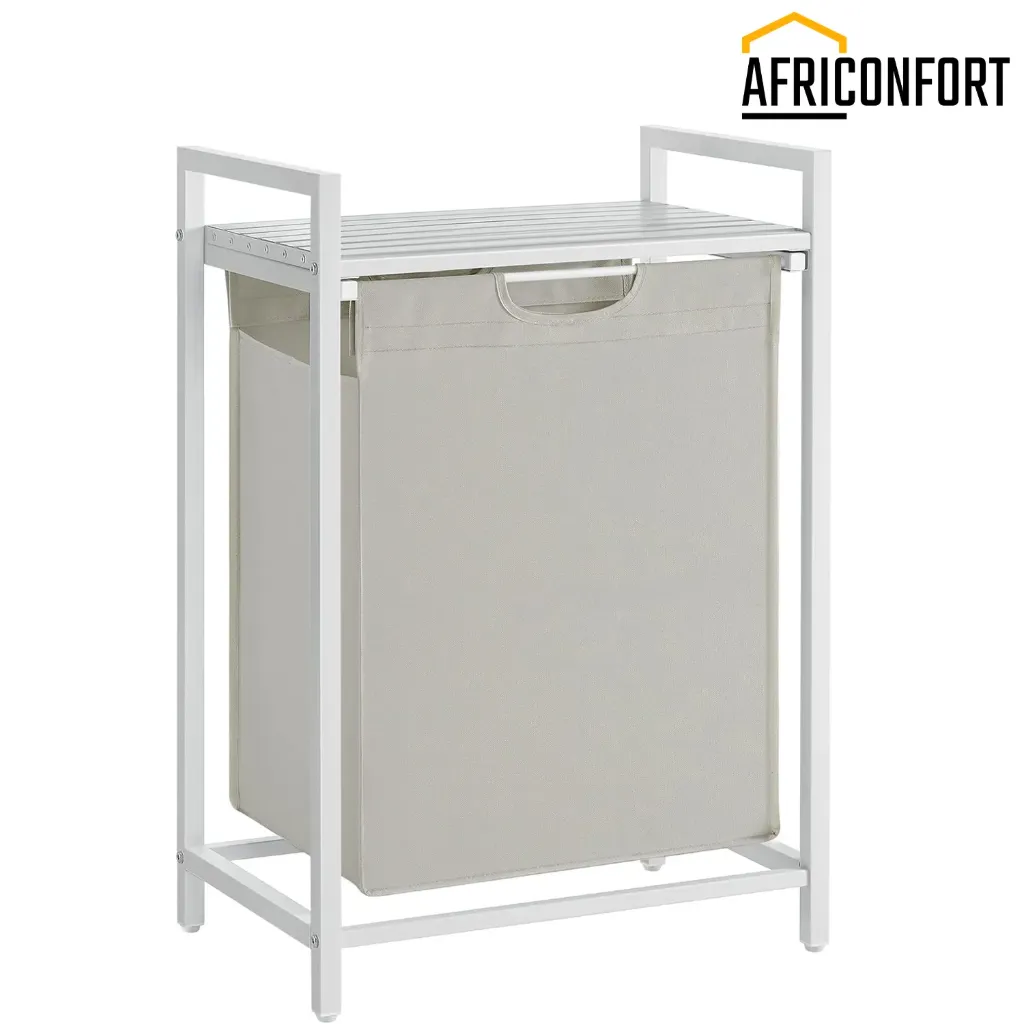 Panier à Linge, Corbeille à Linge Sale, Rangement 1 Compartiment, 1 Sac Amovible en Tissu Oxford, Étagère, Cadre en Métal, 65L, 50 x 33 x 72 cm, Blanc