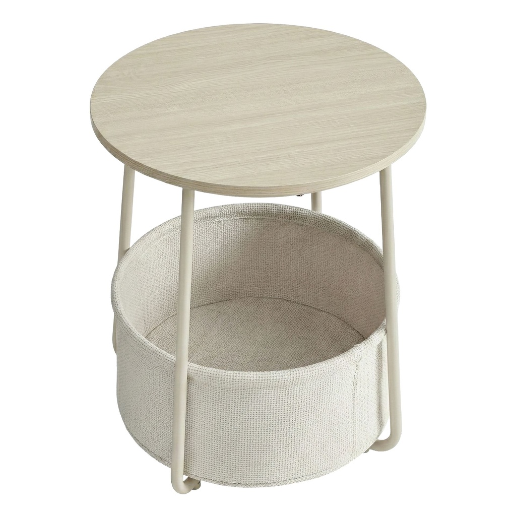 Petite Table Basse Ronde, Table d’Appoint avec Panier en Tissu, Rangement, pour Salon, Chambre, Style Moderne, Beige Naturel et Blanc Crème, dimenssion table: 45 x 50 cm (Ø x H), panier: 40 x 18,2 cm (Ø x H)