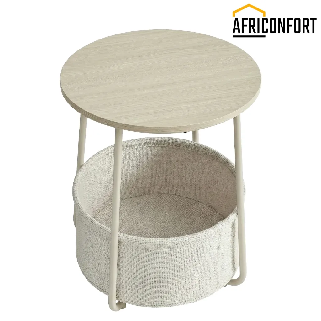 Petite Table Basse Ronde, Table d’Appoint avec Panier en Tissu, Rangement, pour Salon, Chambre, Style Moderne, Beige Naturel et Blanc Crème