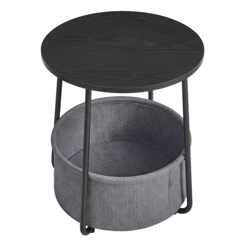 Petite Table Basse Ronde, Table d’Appoint avec Panier en Tissu, Rangement, pour Salon, Chambre, Style Moderne, Noir Boisé et Gris Ardoise, dimenssion: 45 x 50 cm (Ø x H) et panier: 40 x 18,2 cm (Ø x H)